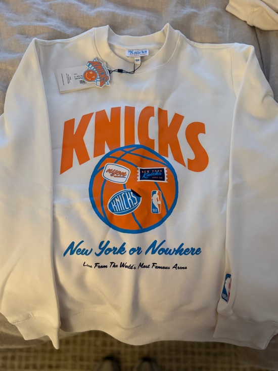 Terez Tops - Terez White Knicks Graphic Sweatshirt with Orange & Blue Logo